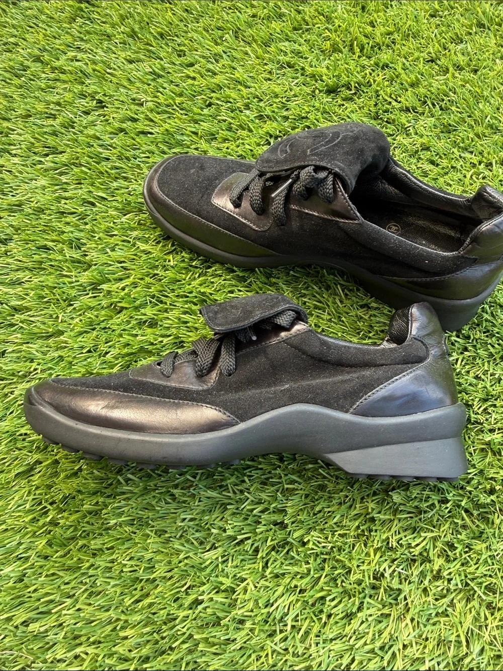 CHANEL Black Suede & Leather CC Logo Strap Sneakers